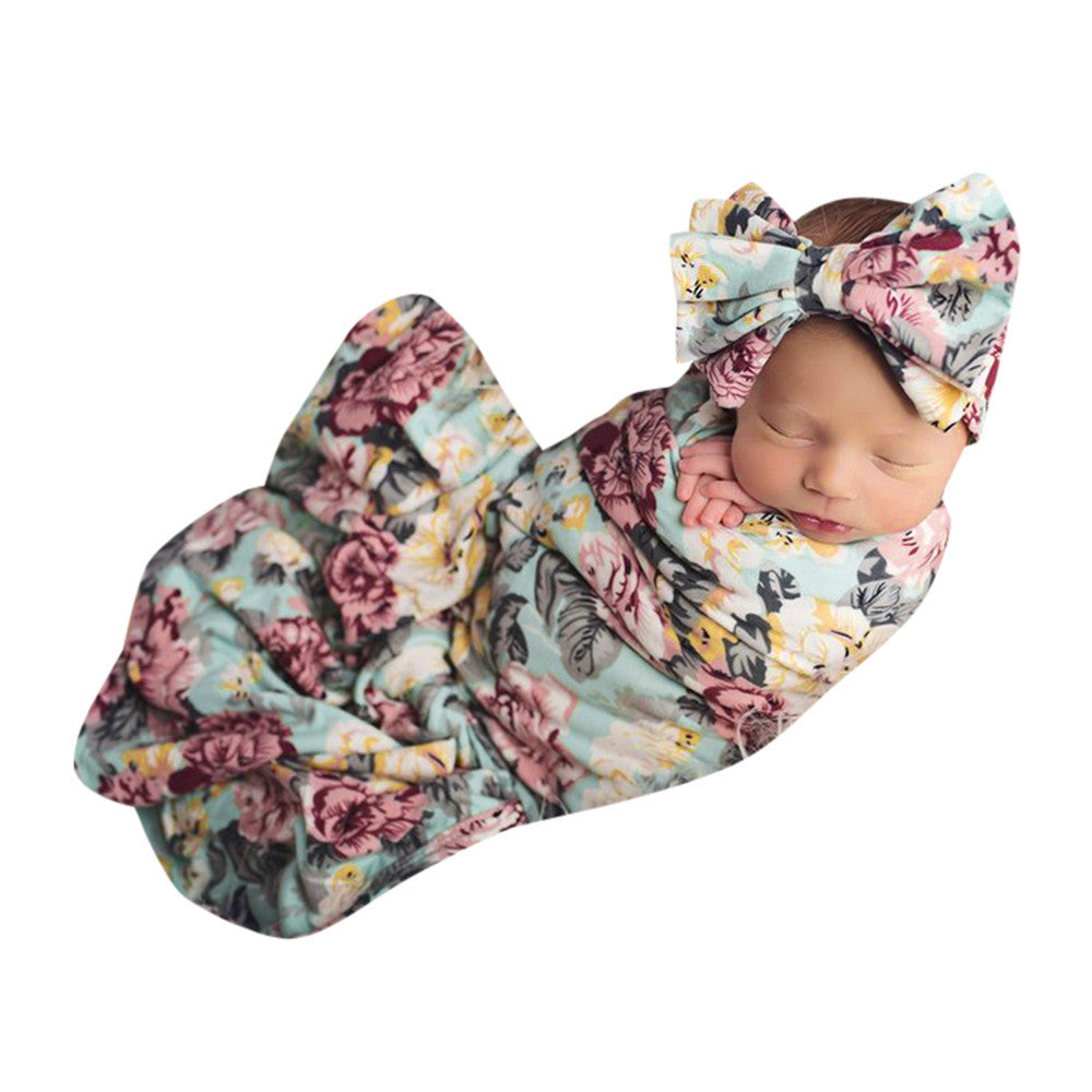 Newborn Baby Boy Girl Infant Floral Swaddle Wrap Headband Swaddling Blanket Muslin Floral Print Baby Sleeping Blanket